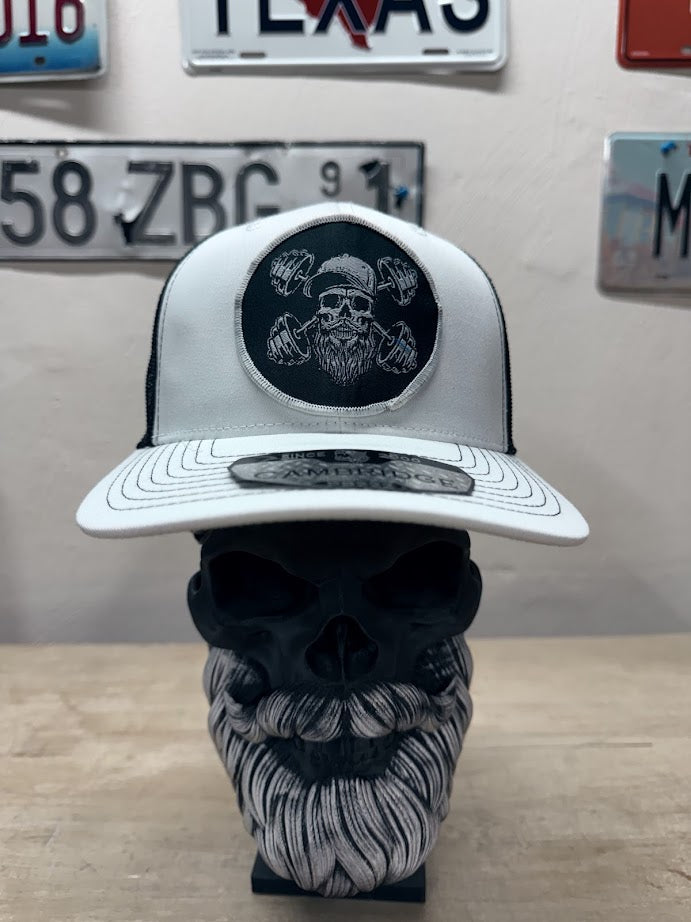 Beard Skull Embroidered Patch Weightlifting Trucker Hat - Gift for Beard Workout Enthusiasts - Gift for Beard Lovers - With A Free Beard Sticker