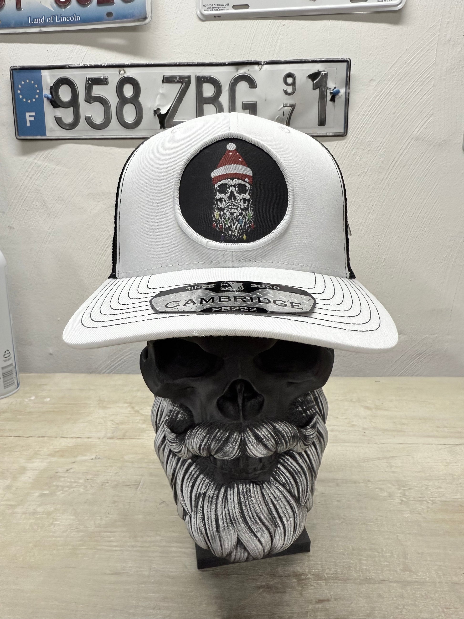 Holiday Skull Trucker Hat with Santa Beard - Fun Christmas Accessory - Fun Gift for Beard Enthusiasts Comes With A Free Beard Sticker