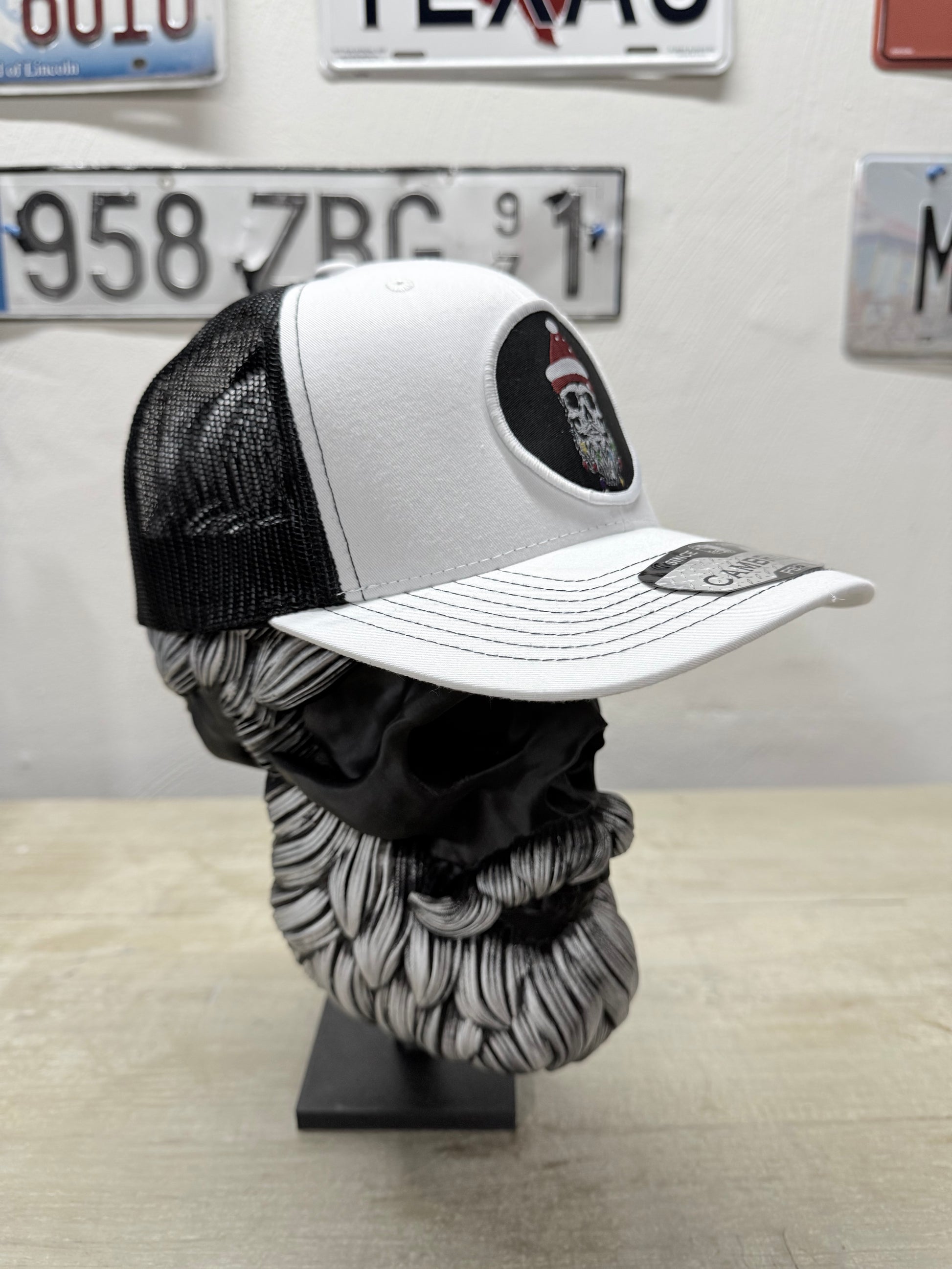 Holiday Skull Trucker Hat with Santa Beard - Fun Christmas Accessory - Fun Gift for Beard Enthusiasts Comes With A Free Beard Sticker