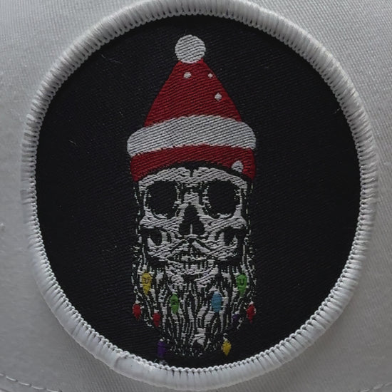 Holiday Skull Trucker Hat with Santa Beard - Fun Christmas Accessory - Fun Gift for Beard Enthusiasts Comes With A Free Beard Sticker