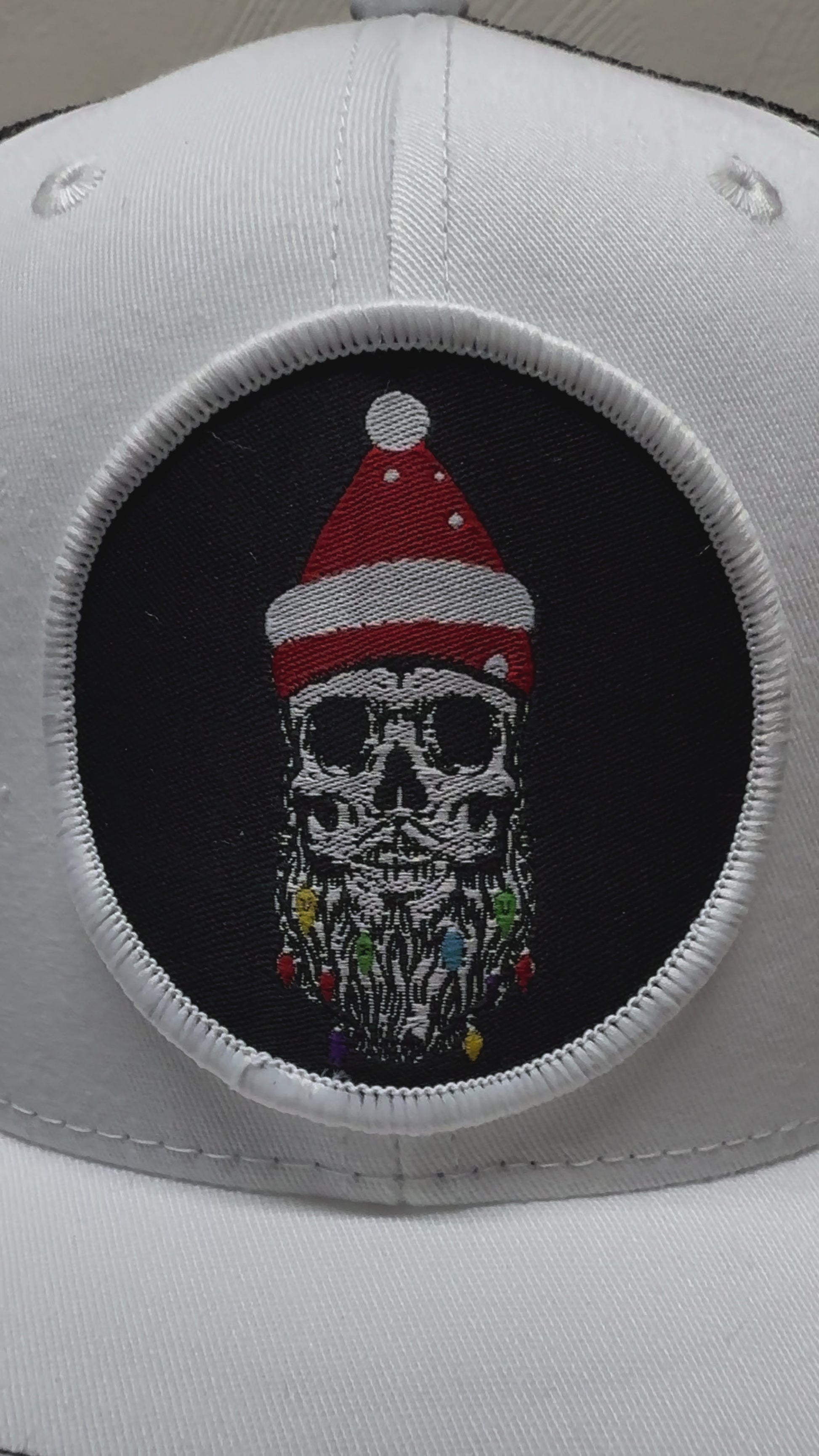 Holiday Skull Trucker Hat with Santa Beard - Fun Christmas Accessory - Fun Gift for Beard Enthusiasts Comes With A Free Beard Sticker