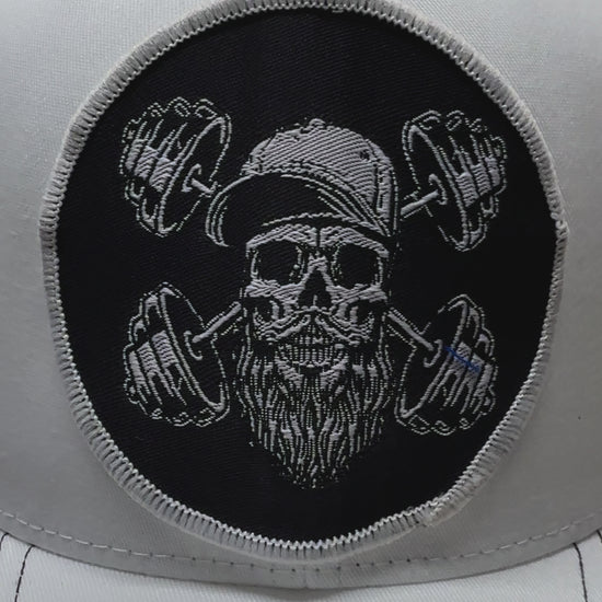 Beard Skull Embroidered Patch Weightlifting Trucker Hat - Gift for Beard Workout Enthusiasts - Gift for Beard Lovers - With A Free Beard Sticker