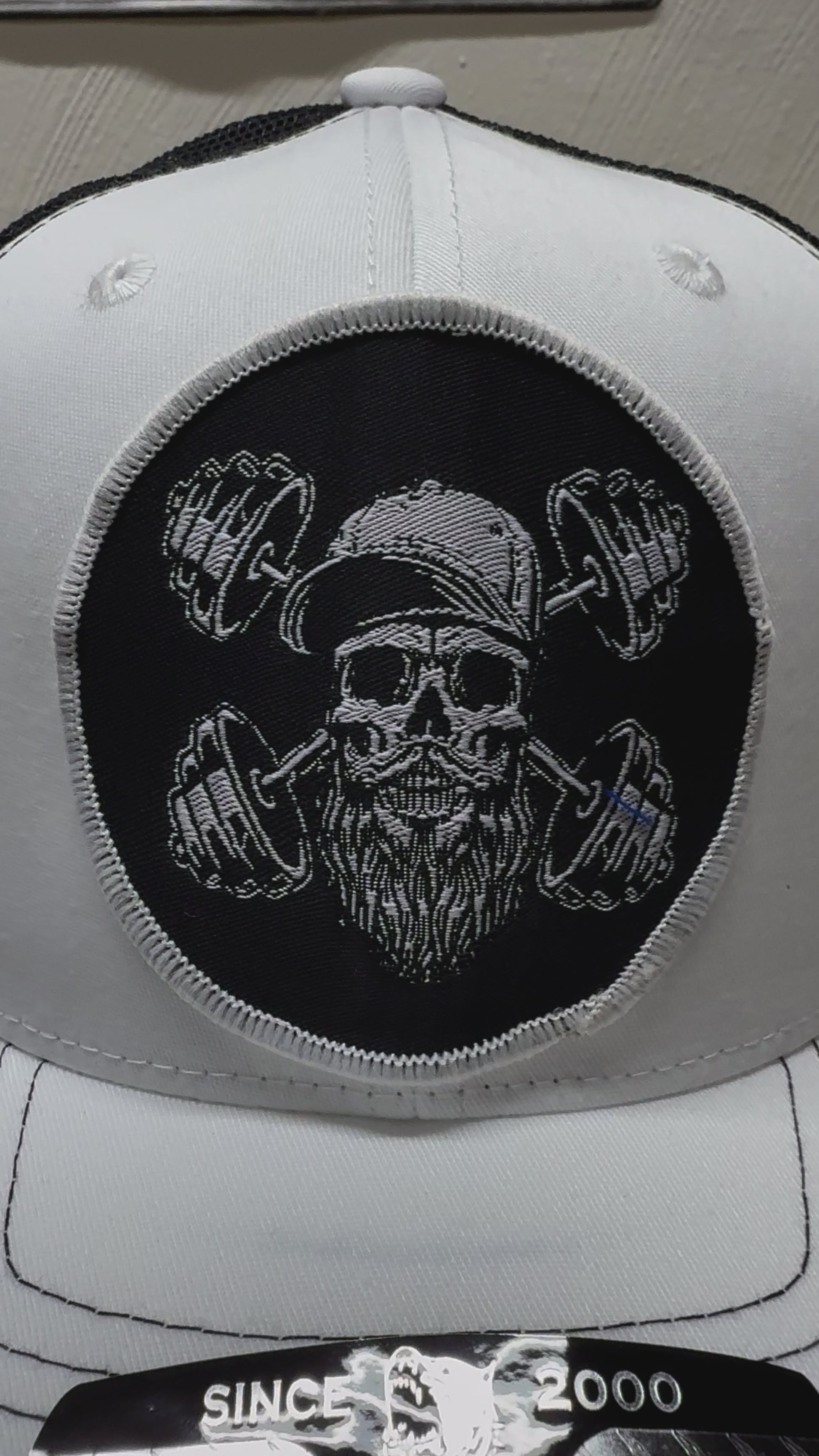 Beard Skull Embroidered Patch Weightlifting Trucker Hat - Gift for Beard Workout Enthusiasts - Gift for Beard Lovers - With A Free Beard Sticker