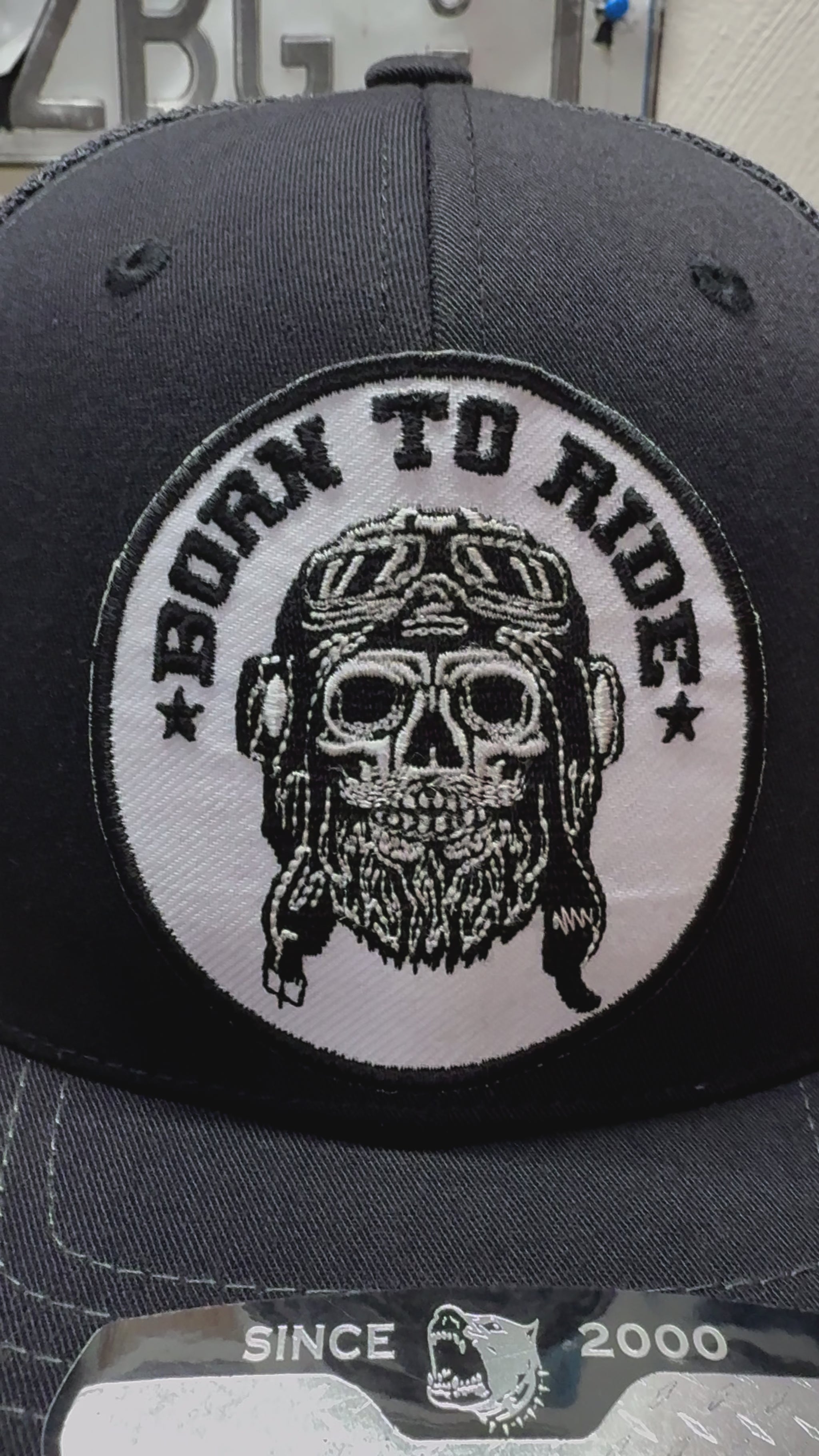 Born to Ride Biker Trucker Hat with Skull and Beard Embroidery Patch 