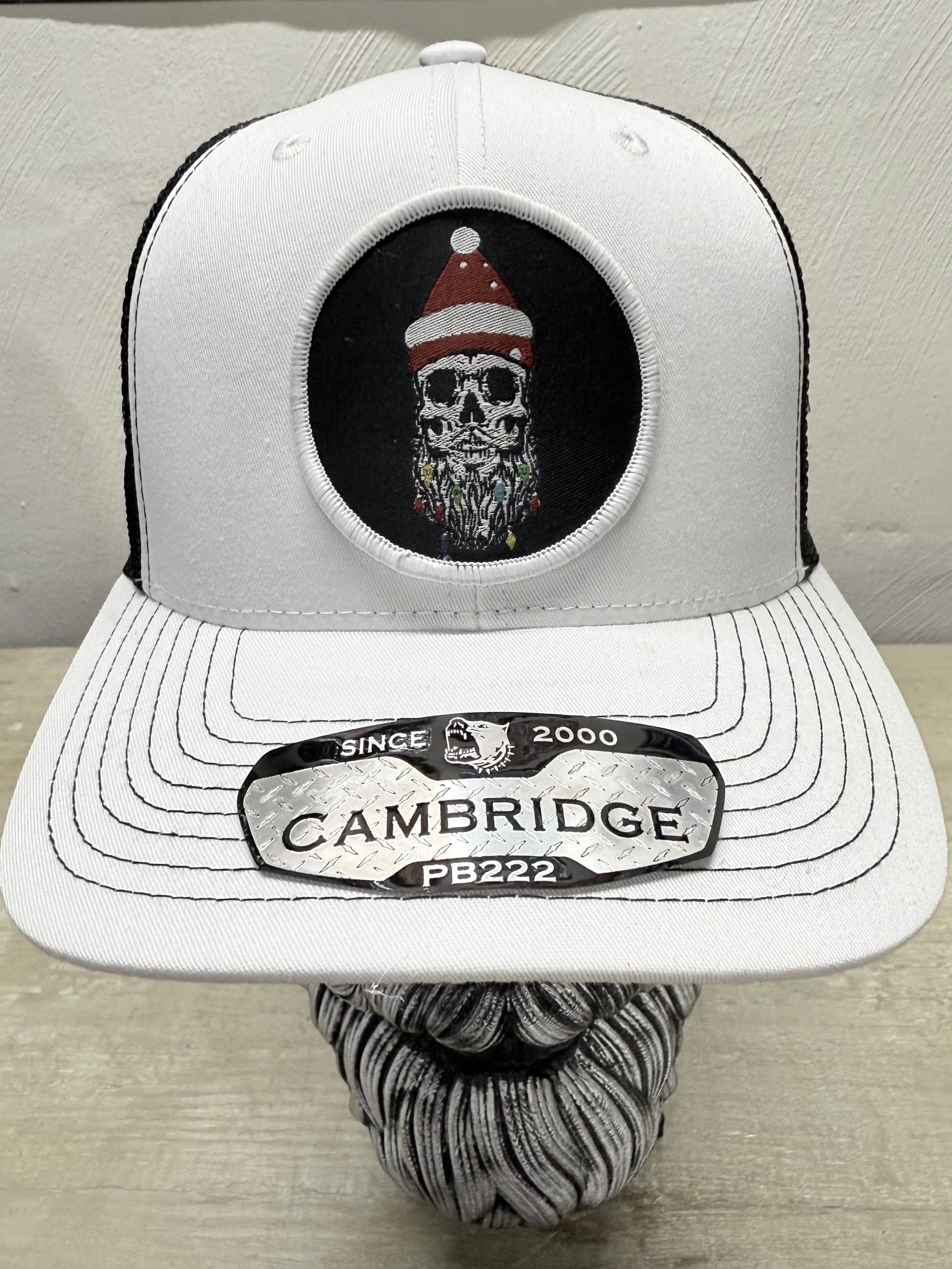 Holiday Skull Trucker Hat with Santa Beard - Fun Christmas Accessory - Fun Gift for Beard Enthusiasts Comes With A Free Beard Sticker